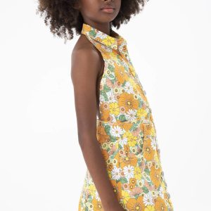 Vestido sarga elástica de niña -BCI estampado flor retro
