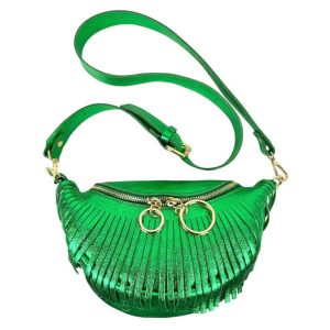 Riñonera de Piel Italiana para Mujer con Efecto Brillante y Flecos Decorativos