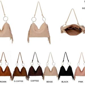 Bolso de Hombro Sintético Hobo Estilo Serraje con Flecos Laterales y Bolsillo Trasero para Mujer