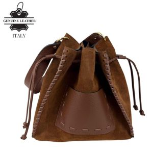 Bolso Bucket en Piel serraje con Compartimento Frontal y trenzado