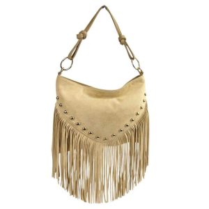Bolso Sintético Estilo Serraje y Tipo Hobo con Flecos y Tachuelas Decorativas Frontales para Mujer