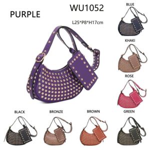 Bolso de Hombro Sintético con Diseño Medialuna, Muchas Tachuelas y Monedero Extra para Mujer