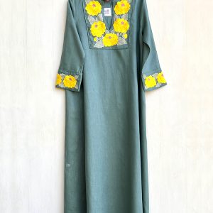 Vestido «Ana» lino verde y flor amarilla