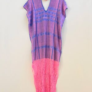 Huipil «Valentina» fleco largo rosa y azul