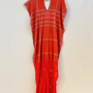 Huipil «Valentina» fleco largo naranja y gris