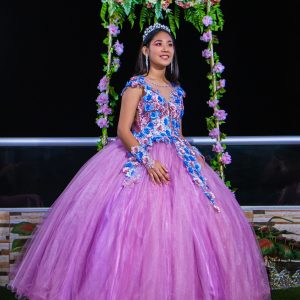 Vestido de quinceañera malva con escote v profundo con transparencia